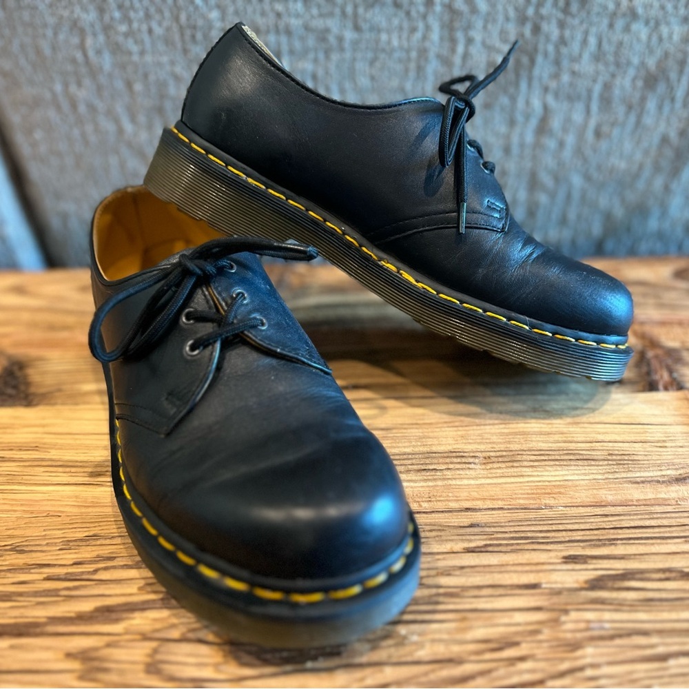Dr. Martens Black Leather 3-Eye Shoe with Yellow Stitching